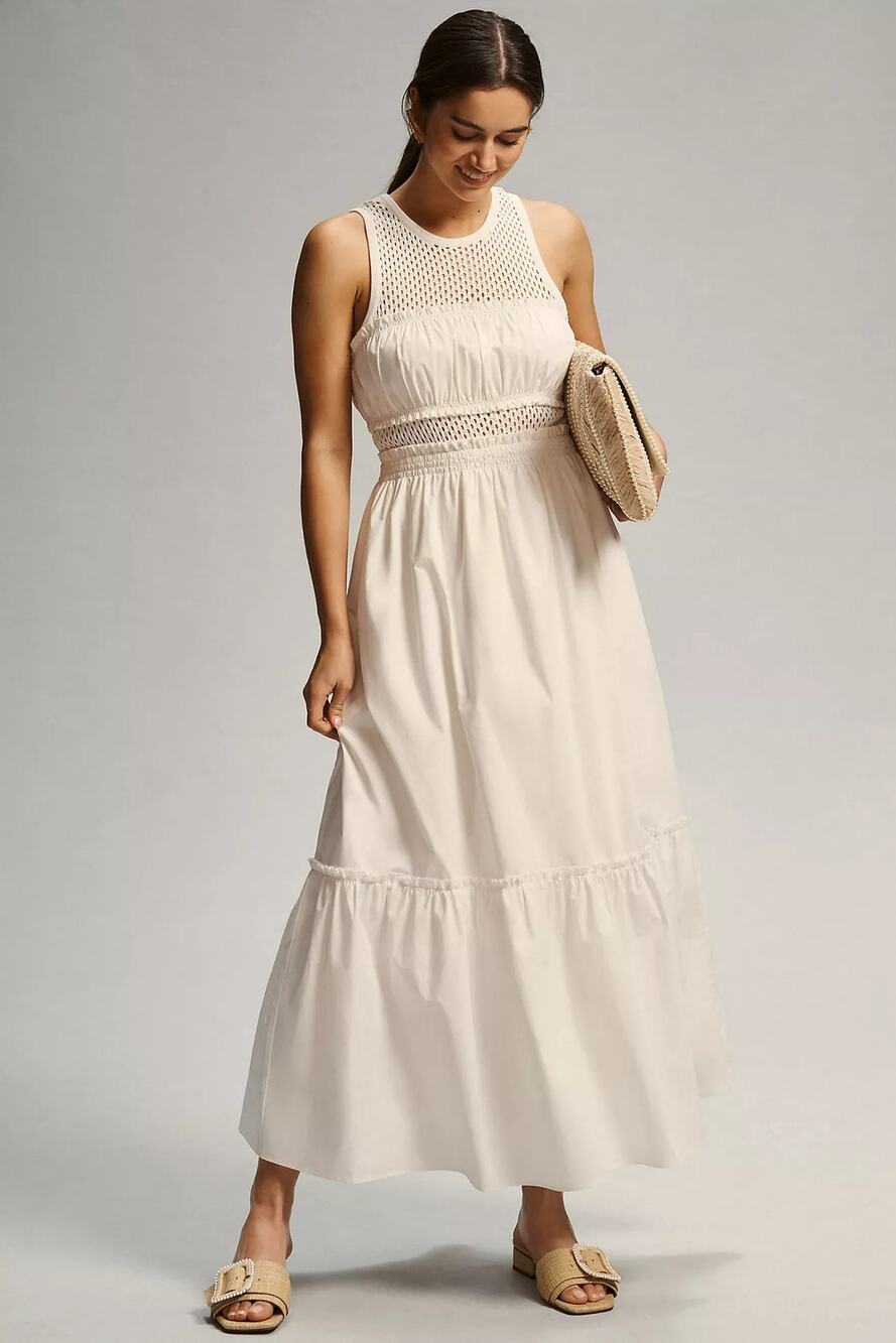 Anthropologie Mare Mare Smocked Tiered Maxi Dress White Size Small
